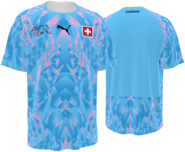 Camisa de goleiro da Suíça 2026 azul-clara com facetas de cristal rosa, frente e costas
