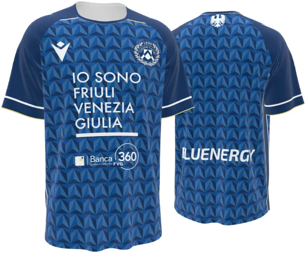 Camisa visitante da Udinese Calcio 2026 - 2027 azul com triângulos e o nome da região, frente e costas