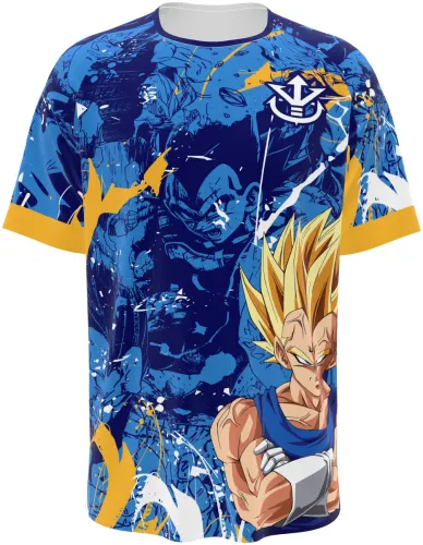 Camisa de interclasse Vegeta 2026 azul com respingos e o personagem na barra, frente e costas