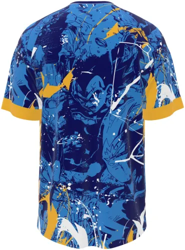 Camisa de interclasse Vegeta 2026 azul com respingos e o personagem na barra, frente e costas