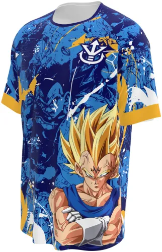 Camisa de interclasse Vegeta 2026 azul com respingos e o personagem na barra, frente e costas