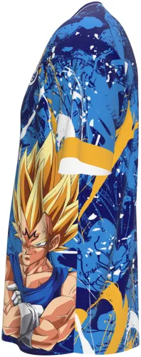 Camisa de interclasse Vegeta 2026 azul com respingos e o personagem na barra, frente e costas