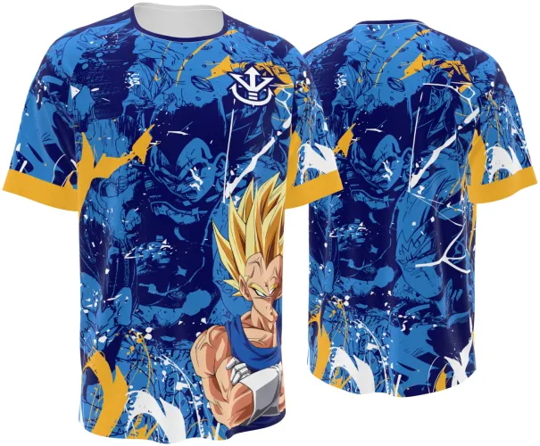 Camisa de interclasse Vegeta 2026 azul com respingos e o personagem na barra, frente e costas