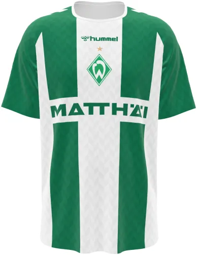Camisa titular do Werder Bremen 2026 - 2027 com faixas verdes e brancas, frente e costas