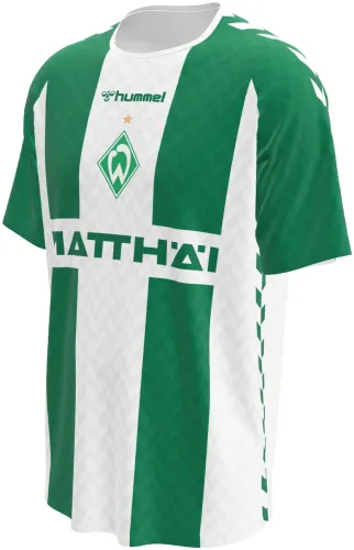 Camisa titular do Werder Bremen 2026 - 2027 com faixas verdes e brancas, frente e costas