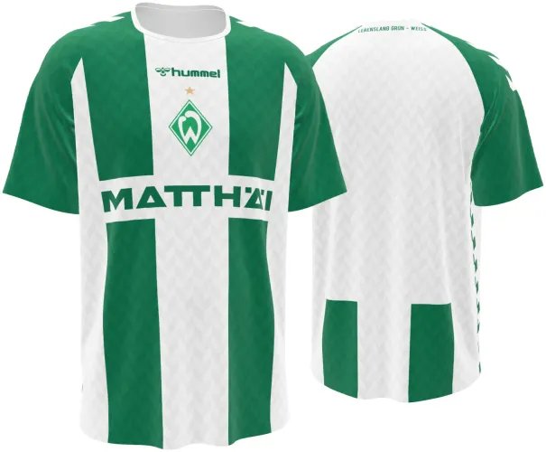 Camisa titular do Werder Bremen 2026 - 2027 com faixas verdes e brancas, frente e costas