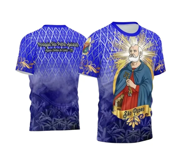 Arte Estampa Camisa Azul Flores 2024 - Religião - São Pedro 2024