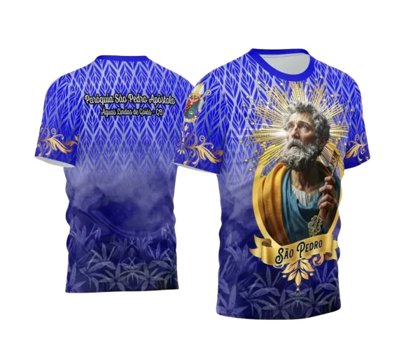 Arte Estampa Camisa Azul Flores 2024 - Religião - São Pedro 2024