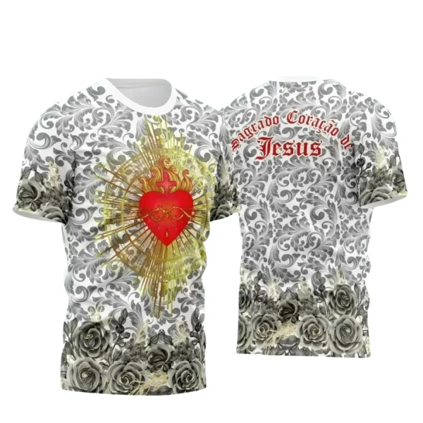 Arte Estampa Camisa Branca e Cinza Religião 2024 - Sagrado Coração de Jesus