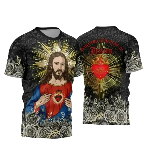Arte Estampa Camisa Preta Religião 2024 - Sagrado Coração de Jesus