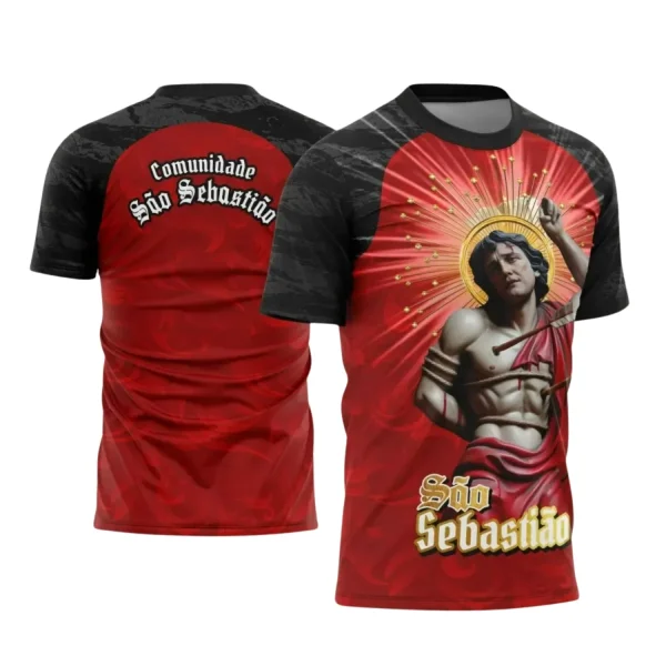 Arte Estampa Camiseta Religiosa - Preta e Vermelha - São Sebastião - Religião - 2025 - Festejo e Devoção - 2025