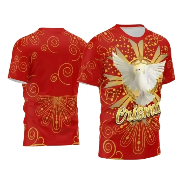 Arte Vetor - Camiseta Dourada e Vermelha - Religião - Crisma Divino Espírito Santo - 2024 - 2025