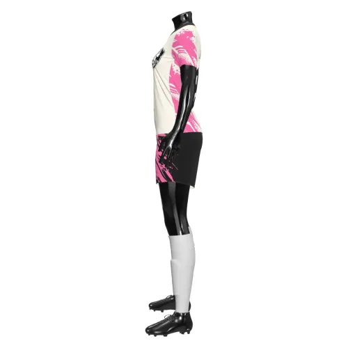 Camisa de futebol feminino com estampa moderna em rosa, preto e creme, cobrindo frente, costas e mangas, com detalhes em splash e escudo estilizado.
