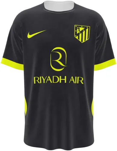 Camisa visitante do Atlético de Madrid 2026 preta com detalhes amarelos, frente e costas