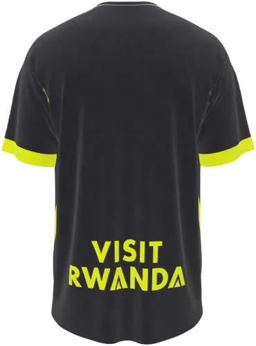 Camisa visitante do Atlético de Madrid 2026 preta com detalhes amarelos, frente e costas