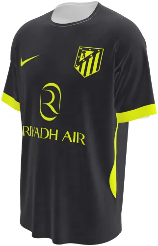 Camisa visitante do Atlético de Madrid 2026 preta com detalhes amarelos, frente e costas