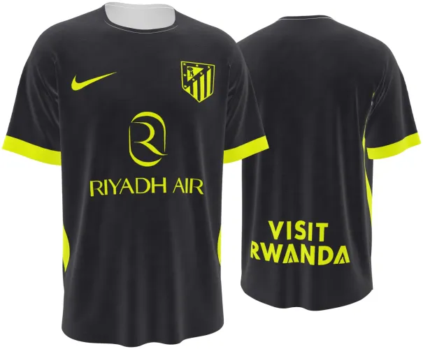 Camisa visitante do Atlético de Madrid 2026 preta com detalhes amarelos, frente e costas