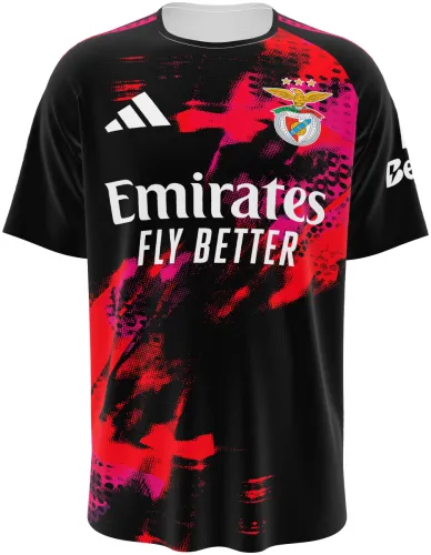 Camisa terceiro uniforme do Benfica 2026 - 2027 preta com pincelada vermelha e rosa, frente e costas