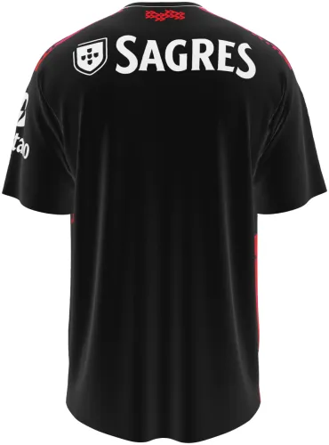 Camisa terceiro uniforme do Benfica 2026 - 2027 preta com pincelada vermelha e rosa, frente e costas