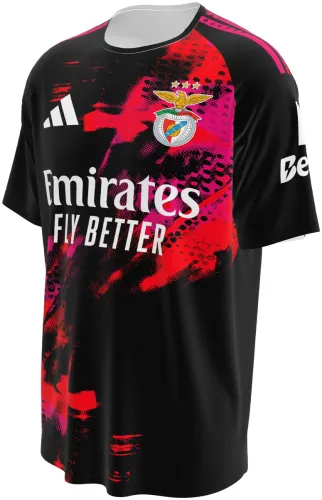 Camisa terceiro uniforme do Benfica 2026 - 2027 preta com pincelada vermelha e rosa, frente e costas