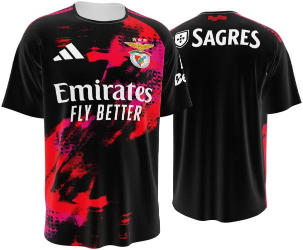 Camisa terceiro uniforme do Benfica 2026 - 2027 preta com pincelada vermelha e rosa, frente e costas