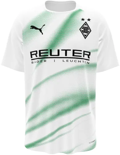 Camisa titular do Borussia Mönchengladbach 2026 - 2027 branca com faixas verde e preta em meio-tom, frente e costas