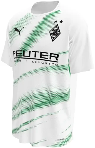 Camisa titular do Borussia Mönchengladbach 2026 - 2027 branca com faixas verde e preta em meio-tom, frente e costas