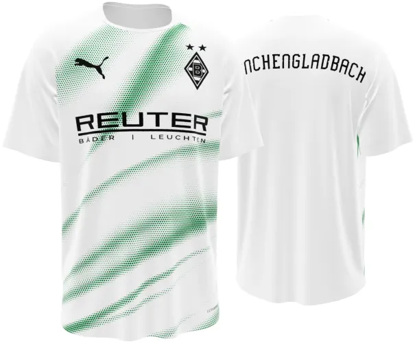 Camisa titular do Borussia Mönchengladbach 2026 - 2027 branca com faixas verde e preta em meio-tom, frente e costas