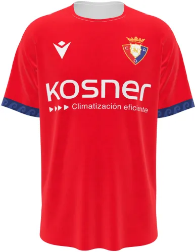 Camisa titular do CA Osasuna 2026 - 2027 vermelha com punho azul estampado, frente e costas