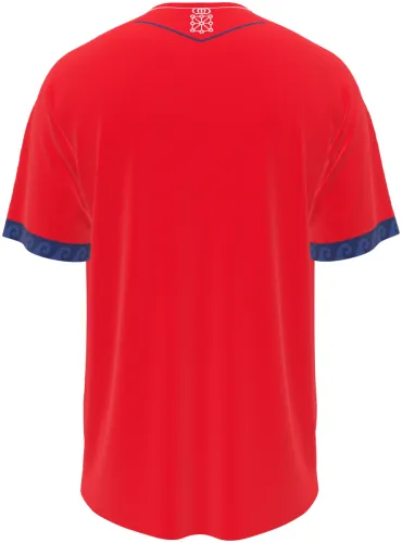 Camisa titular do CA Osasuna 2026 - 2027 vermelha com punho azul estampado, frente e costas