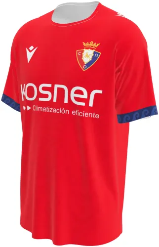Camisa titular do CA Osasuna 2026 - 2027 vermelha com punho azul estampado, frente e costas