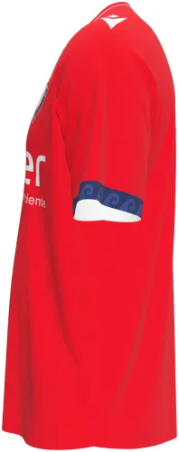 Camisa titular do CA Osasuna 2026 - 2027 vermelha com punho azul estampado, frente e costas