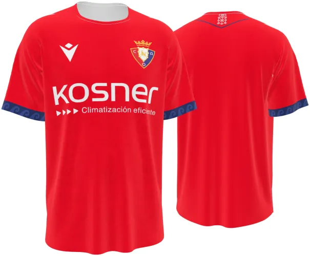 Camisa titular do CA Osasuna 2026 - 2027 vermelha com punho azul estampado, frente e costas