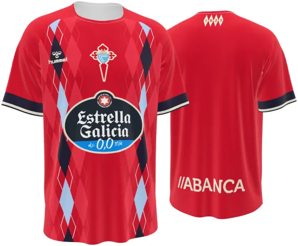 Camisa terceiro uniforme do Celta de Vigo 2026 - 2027 vermelha com losangos, frente e costas