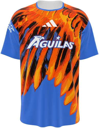 Camisa de pré-jogo do Club América 2026 - 2027 azul com asa de águia laranja, frente e costas