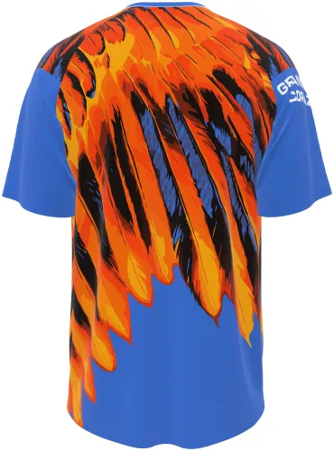 Camisa de pré-jogo do Club América 2026 - 2027 azul com asa de águia laranja, frente e costas