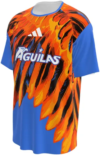 Camisa de pré-jogo do Club América 2026 - 2027 azul com asa de águia laranja, frente e costas