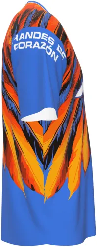 Camisa de pré-jogo do Club América 2026 - 2027 azul com asa de águia laranja, frente e costas