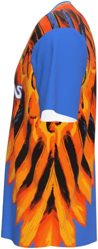 Camisa de pré-jogo do Club América 2026 - 2027 azul com asa de águia laranja, frente e costas