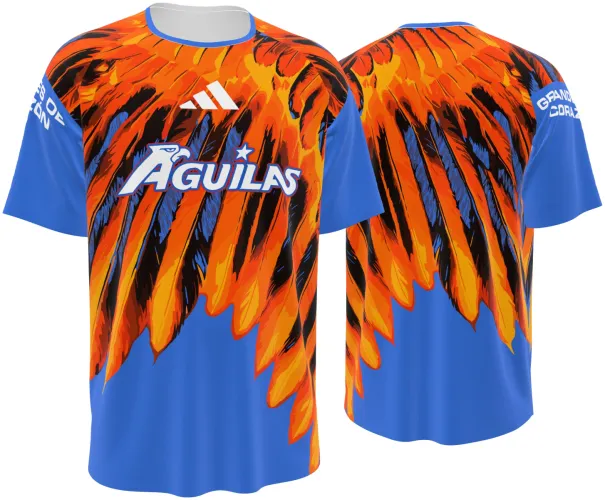 Camisa de pré-jogo do Club América 2026 - 2027 azul com asa de águia laranja, frente e costas