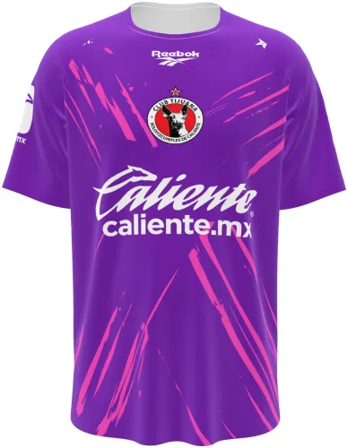 Camisa de goleiro do Club Tijuana 2026 - 2027 roxa com riscos rosa, frente e costas