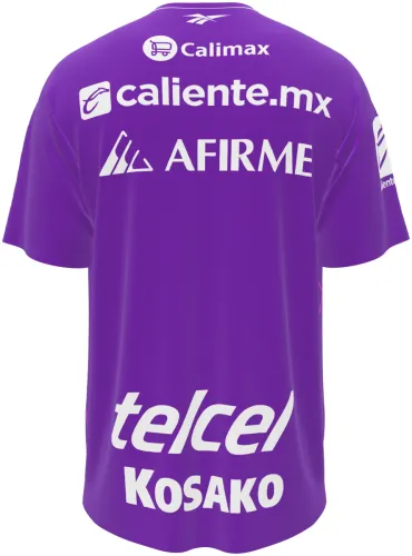 Camisa de goleiro do Club Tijuana 2026 - 2027 roxa com riscos rosa, frente e costas