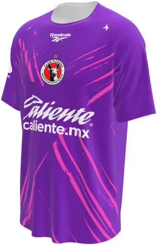 Camisa de goleiro do Club Tijuana 2026 - 2027 roxa com riscos rosa, frente e costas