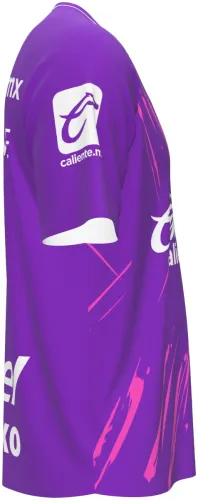 Camisa de goleiro do Club Tijuana 2026 - 2027 roxa com riscos rosa, frente e costas