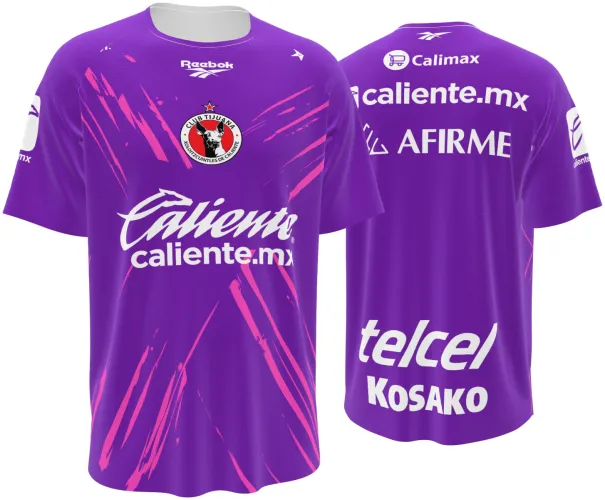 Camisa de goleiro do Club Tijuana 2026 - 2027 roxa com riscos rosa, frente e costas