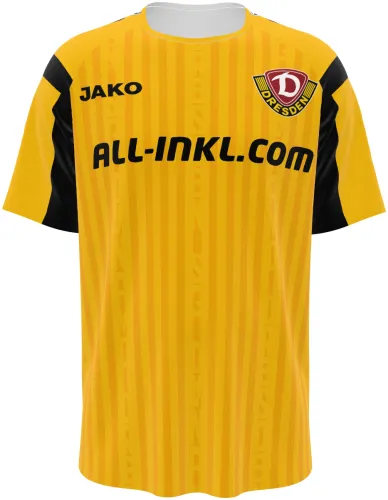 Camisa titular do Dynamo Dresden 2026 - 2027 amarela com ombro preto, frente e costas