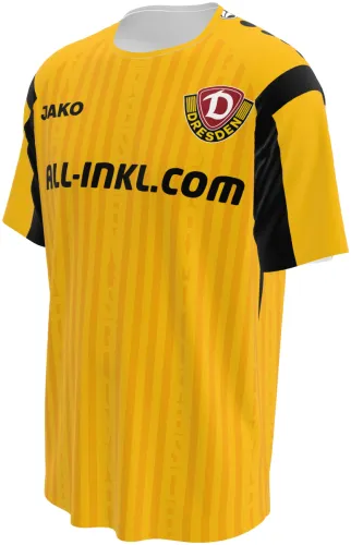 Camisa titular do Dynamo Dresden 2026 - 2027 amarela com ombro preto, frente e costas