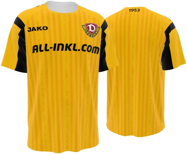 Camisa titular do Dynamo Dresden 2026 - 2027 amarela com ombro preto, frente e costas