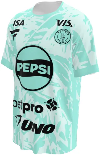 Camisa de goleiro do FC Motagua 2026 - 2027 verde-menta com folhagem tom sobre tom, frente e costas