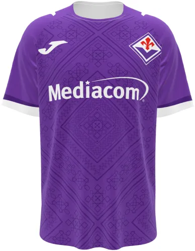 Camisa titular da Fiorentina 2026 - 2027 roxa com ornamento florentino tom sobre tom, frente e costas
